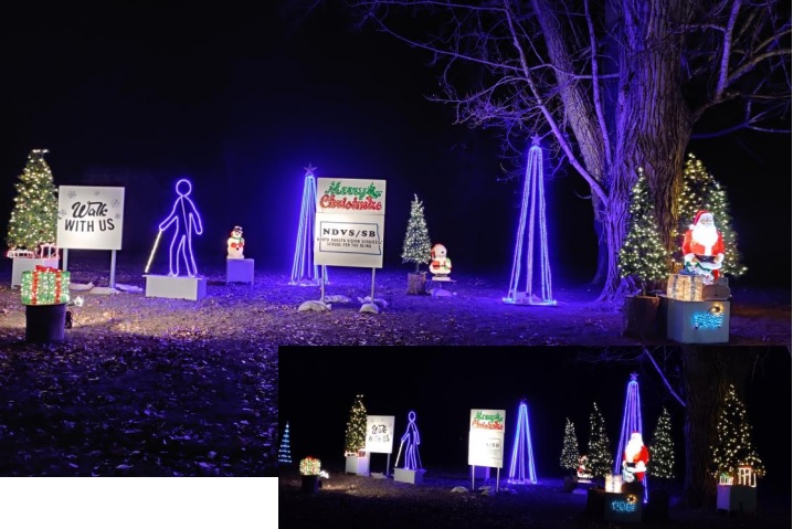 "Walk with Us Display a visually impaired person with a cane walking with a group of friends in a lite up tree park."